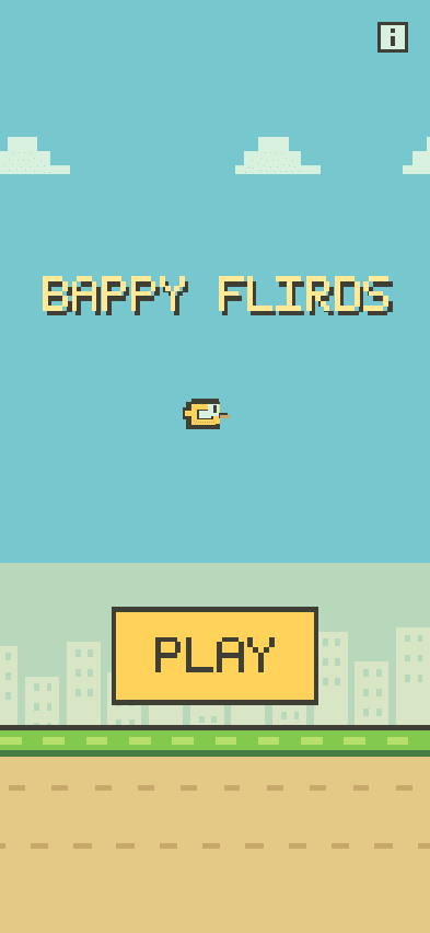 Startbildschirm mit Bappy-Flirds-Schriftzug und Play-Taste